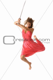 Young woman in jump with sword
