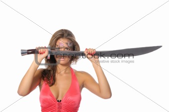 Young woman holds sword