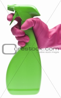 Spray Bottle with Pink Gloved Hand on the Trigger