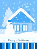 Christmas card with snowman and cottage