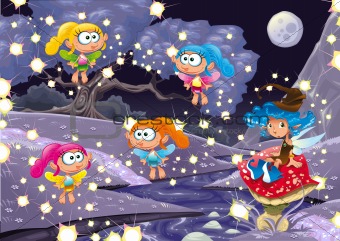 Cartoon landscape with fairies.