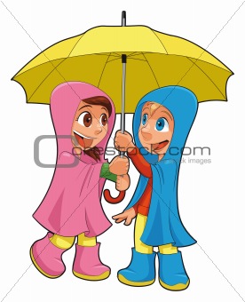 Boy and girl under the umbrella.