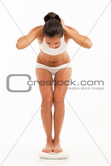 Surprised young woman in underwear on scale weighing herself