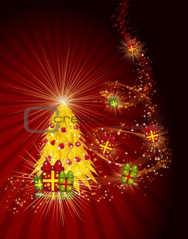 Fairy golden christmas tree with gifts on a dark red background.