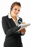 smiling modern business woman with headset and clipboard
