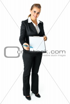 Full length portrait  of  friendly modern business woman with documents and pen for your sign

