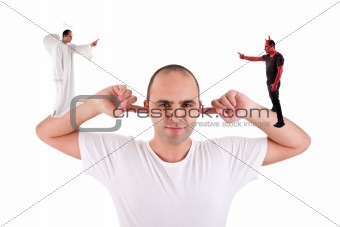 man holding fingers in his ears, not listening, discussion between the devil and angel, on white
