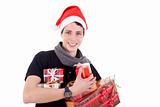 Happy christmas young man with a gifts, isolated on white background, studio shot.