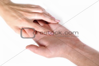 Woman and man hand shake togather. isolated on white background