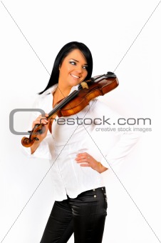 Young beautiful woman with violin. isolated on white background