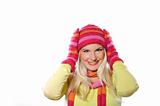 Seasonal portrait of pretty funny woman in hat and gloves smiling