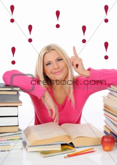  young pretty smart woman with lots of books reading and study. 