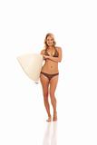 Woman surfer holding surfboard