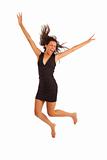 Cute young girl with black dress jumping energetically