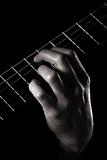 E7#9, dominant seventh augmented ninth chord on on classical guitar, toned monochrome image