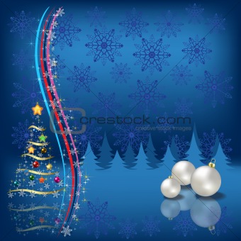 christmas tree with balls on blue snowflakes background
