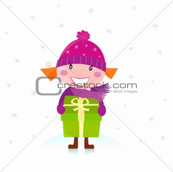 Cute Christmas girl with present isolated on white