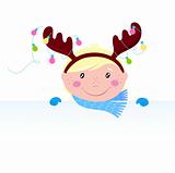 Cute funny Child in reindeer costume with blank banner / sign