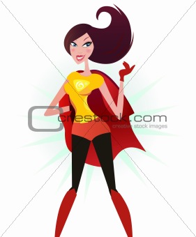 Brown hair Super woman in red costume (superhero)