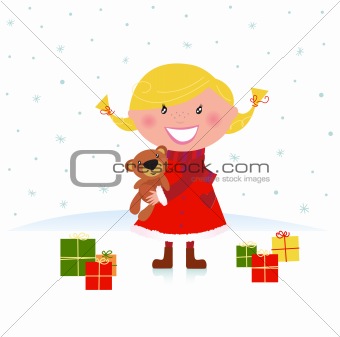 Happy winter blond child with teddy bear and christmas gifts