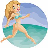 cute blond girl in bikini run on the beach