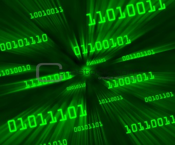 Green tilted bytes of binary code flying through a vortex