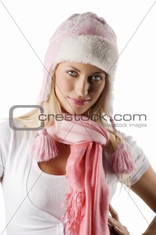 winter portrait with pink scarf and hat