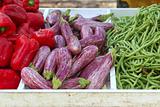 eggplant red pepper green beans on market store