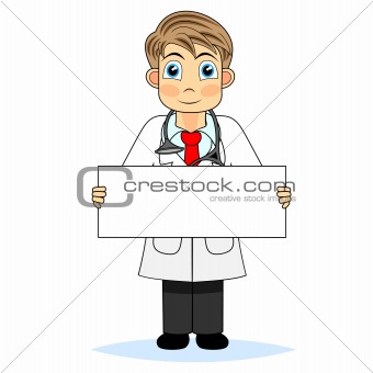 Cute boy doctor holding a blank sign