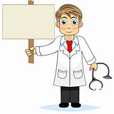 Cute boy doctor holding a blank wooden sign