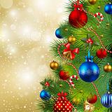 christmas background with baubles and christmas tree
