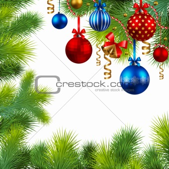 christmas frame with baubles and christmas tree