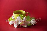 The cup of green tea with caramel orchid