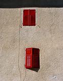 red wooden windows