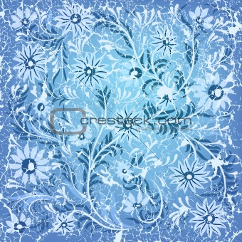 abstract cracked background with blue floral ornament