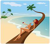 Woman in bikini, lying down on a palm