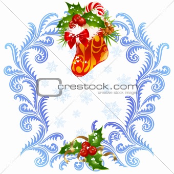 Christmas and New Year greeting card 3. Stocking, candy cane and holly