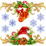Christmas design elements set 4. Stocking, Santa hat and candy cane