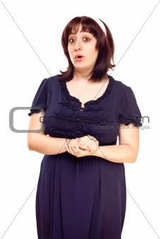 Surprised Young Caucasian Woman with Hands Folded Isolated on a White Background. 
