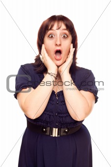 Shocked Young Caucasian Woman with Hands on Face Isolated on a White Background. 
