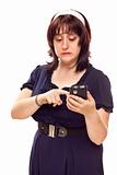 Reluctant Young Caucasian Woman Pushing Button on Her Mobile Phone.
