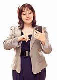 Happy Young Caucasian Woman Pushing Button on Her Mobile Phone.

