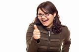 Excited Young Caucasian Woman With Thumbs Up Isolated on a White Background.