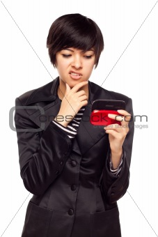 Frustrated Young Mixed Race Woman Looking At Her Mobile Phone Isolated on White.