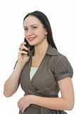 Business woman rings on mobile phone on white background