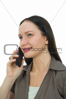 Business woman rings on mobile phone on white background