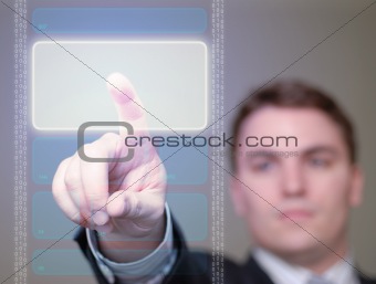 Businessman Pushing Glowing Button on Translucent Screen.