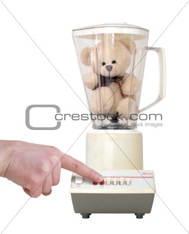 Teddy in Blender with Finger Pushing Button, Isolated on White B