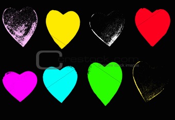 8 bright Grunge hearts on Black