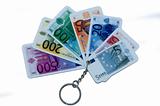 Keyring with euro notes isolated on white